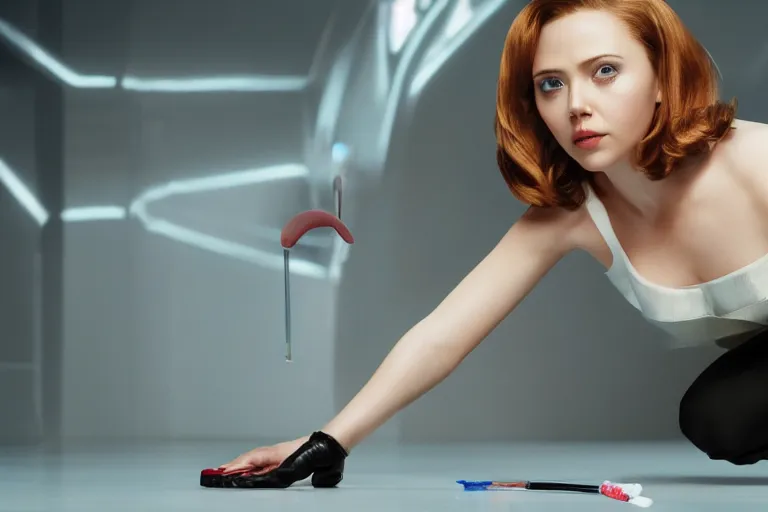 Image similar to close up of scarlet johannson as a female android on her hands and knees polishing the floor with a toothbrush, high resolution film still, 4 k, hdr color