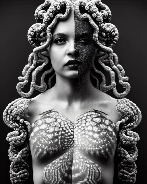 Image similar to surreal mythical dreamy artistic black and white fine art photo of a beautiful young female medusa - cyborg covered with fish scales and algae, highly detailed, intricate crystal ivy jelly fish scales ornate, poetic, octane render, 8 k, photo - realistic