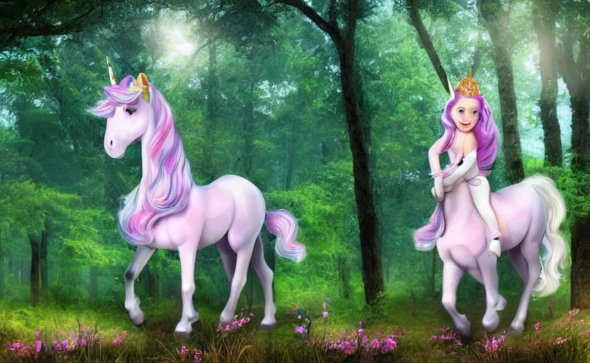Prompt: princess riding a unicorn, in a forest clearing, ultra realistic, photorealistic, digital art,