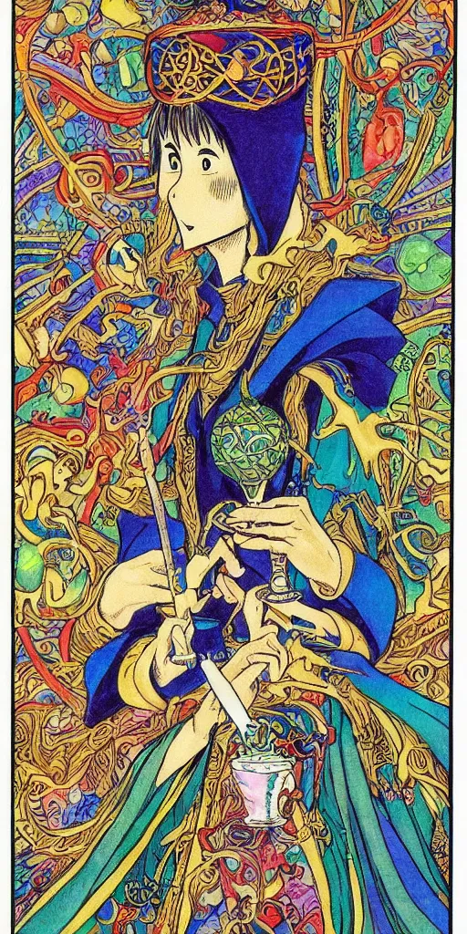 Image similar to a mystical man with a goblet on the table, wizard hat, drawn by Naoko Takeuchi, impressive line work, tarot card. tarot card the magician, psychedelic, intricate, detailed, full color