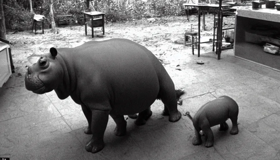 Prompt: a hippopotamus in a kitchen, by mini dv camera, very very low quality, heavy grain, very blurry, accidental flash, webcam footage, found footage, security cam, caught on trail cam