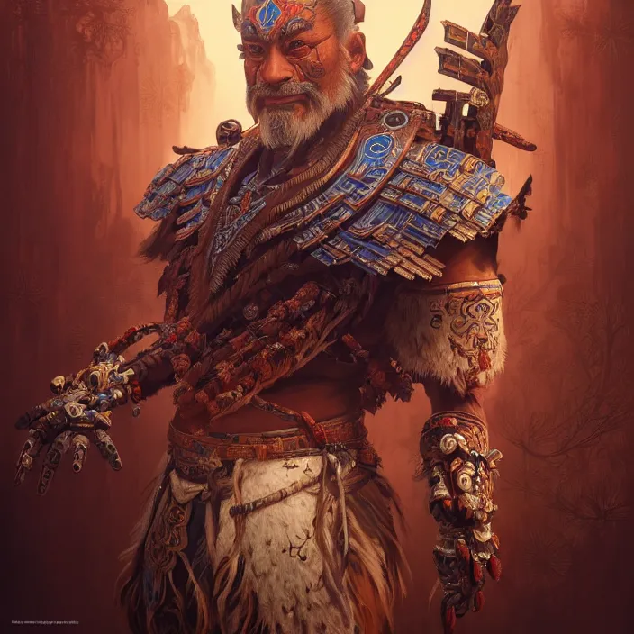 Prompt: symmetry! portrait of a hybrid old male warrior, face decorated with chinese opera motifs, leds horizon zero dawn machine, intricate, elegant, highly detailed, digital painting, artstation, concept art, smooth, sharp focus, illustration, art by artgerm and greg rutkowski and alphonse mucha, 8 k