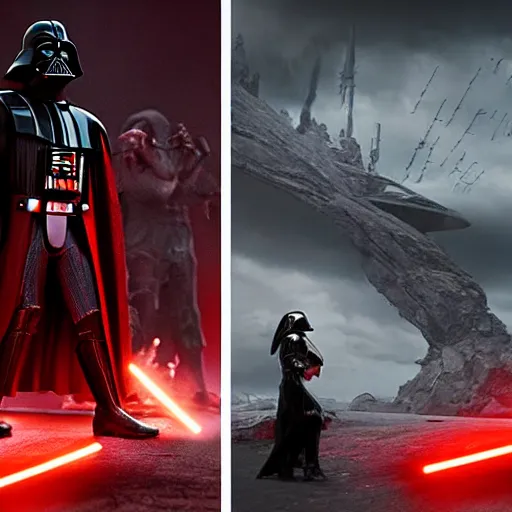 Image similar to darth vader vs alien queen : zack snyder style : cinematic, 8 k hdr, detailed, hyperrealistic, unreal engine 5 rendering, matte painting, realistic materials, photo realistic, postprocessing