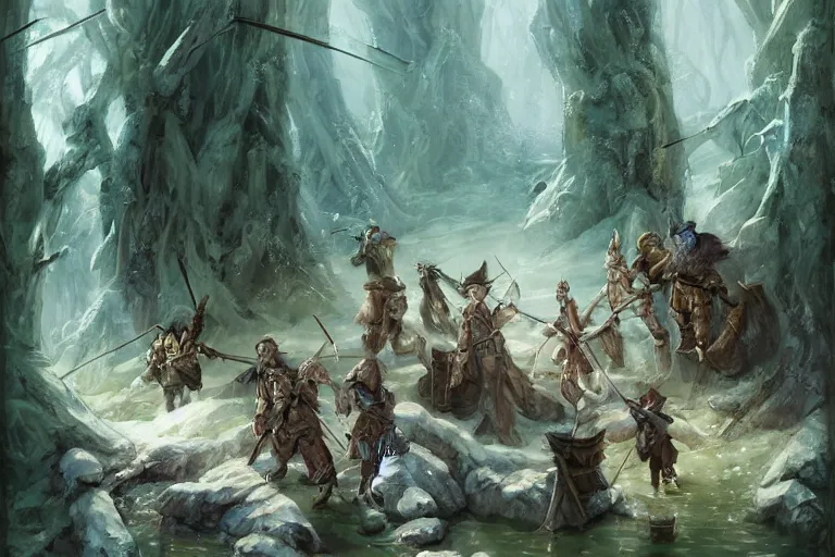 Image similar to dungeons and dragons fantasy painting, mice ranger archers emerge from the forest, longbows, hooded cloaks, whimsical and cute, determined expressions, watery eyes, anime inspired by krenz cushart, brown fur, tufty whiskers, feathered arrows, bamboo forest river shore, dawn lighting, by brian froud jessica rossier and greg rutkowski