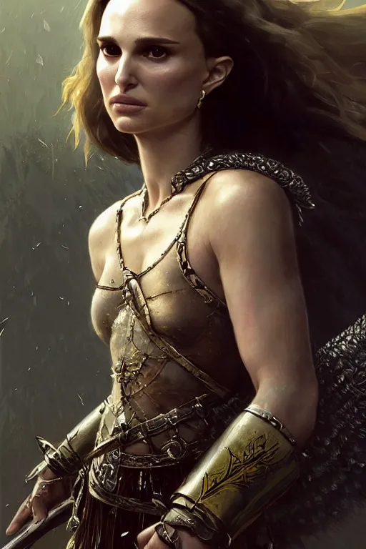 Image similar to natalie portman, legendary warrior, heroic, lord of the rings, tattoos, decorative ornaments, battle armor, by carl spitzweg, ismail inceoglu, vdragan bibin, hans thoma, greg rutkowski, alexandros pyromallis, perfect face, fine details, realistic shading photorealism