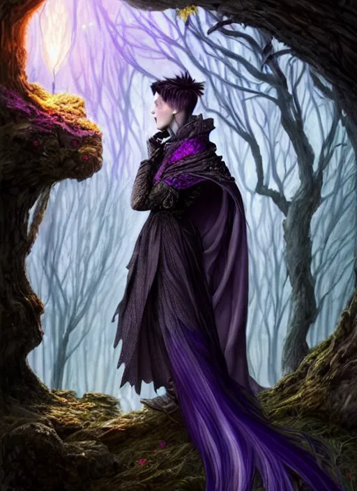 Image similar to side portrait beautiful german woman, adventurer outfit large cloak, fantasy forest landscape, dragon scales, fantasy magic, undercut hairstyle, short purple black fade hair, dark light night, intricate, elegant, sharp focus, illustration, highly detailed, digital painting, concept art, matte, art by wlop and artgerm and ivan shishkin and andrey shishkin, masterpiece