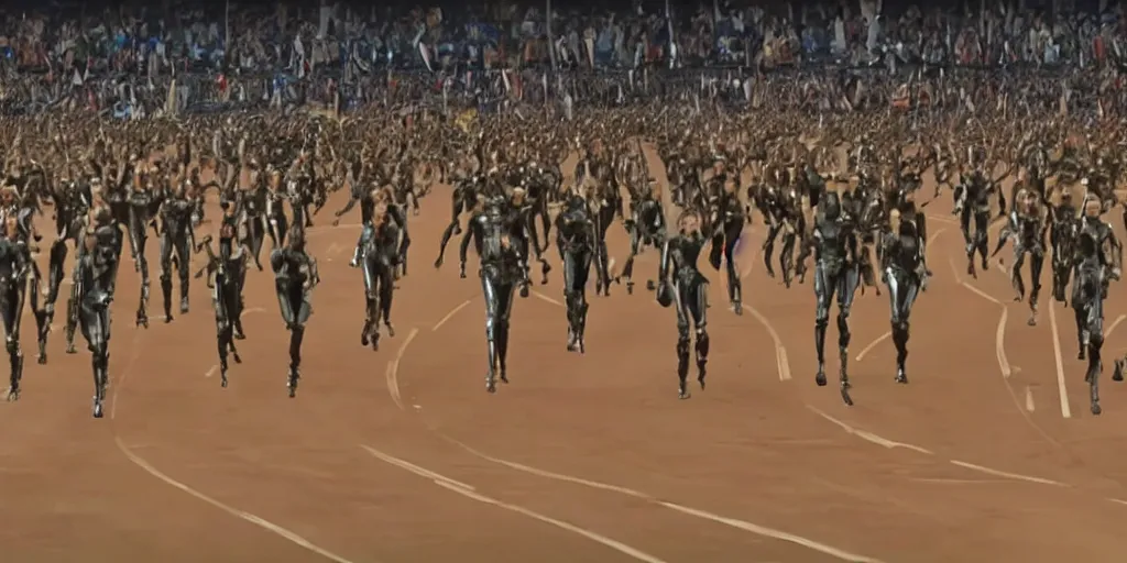 Image similar to The matrix, LeeLoo, Starship Troopers, Sprinters in a race, The Olympics footage with crowd cheering, cinematic stillframe, french new wave, The fifth element, vintage robotics, formula 1