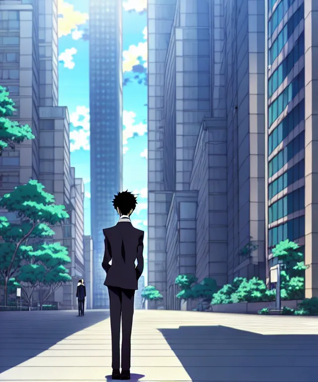 Image similar to A anime about a short-haired office solo worker standing on the sidewalk. Sharp high quality anime cover, fine details, straight lines, perfect faces, architecture in the background, masterpiece, shadows, art, highly detailed