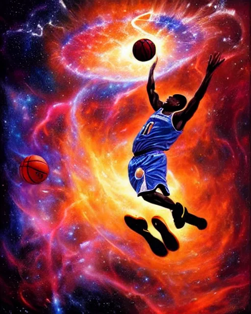 Prompt: cosmic basketball player dunking a basketball hoop in a nebula, an oil painting, by ( leonardo da vinci ) and greg rutkowski and rafal olbinski and ross tran, award - winning magazine cover