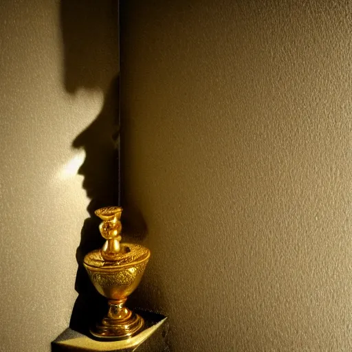 Image similar to ultra realistic and intricate detailed photograph of the secret treasure room, a shadow figure lurks in a corner, innovation, rich modern style, depth of field, ambient lighting, award winning, stunning