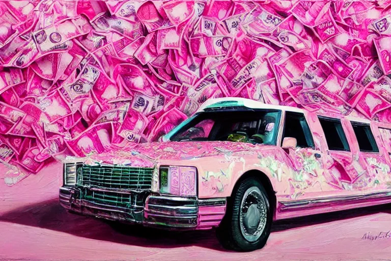 Image similar to a highly detailed pink stretch limo overflowing with cash, detailed painting by arturo faldi, trending on deviantart, octane, masterpiece