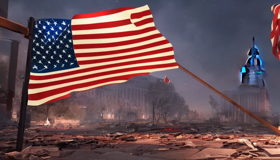 Image similar to torn dirty american pole flag in destroyed washington dc, lights, volumetric light, hyperdetailed, artstation, cgsociety, 8 k