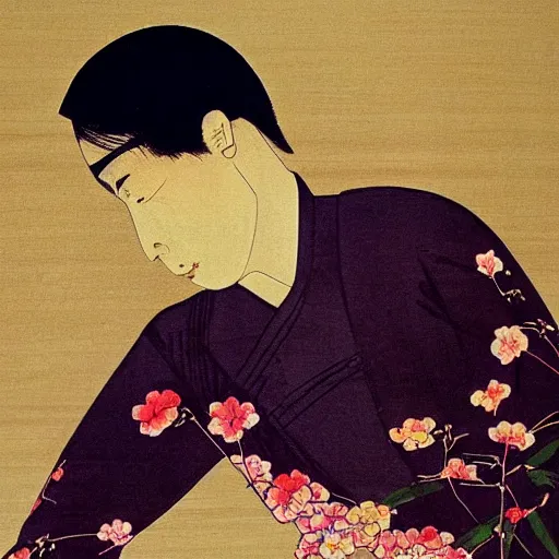 Image similar to “ pablo pascal portrait by ikenaga yasunari and ayana otake and ko rakusui, 6 0 s poster, drawing, realistic, sharp focus, japanese, dreamy, nostalgia, faded, golden hues, floral clothes ”