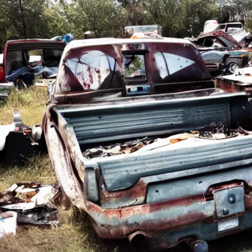 Prompt: Dead replicant in the back of a pickup truck at the junkyard