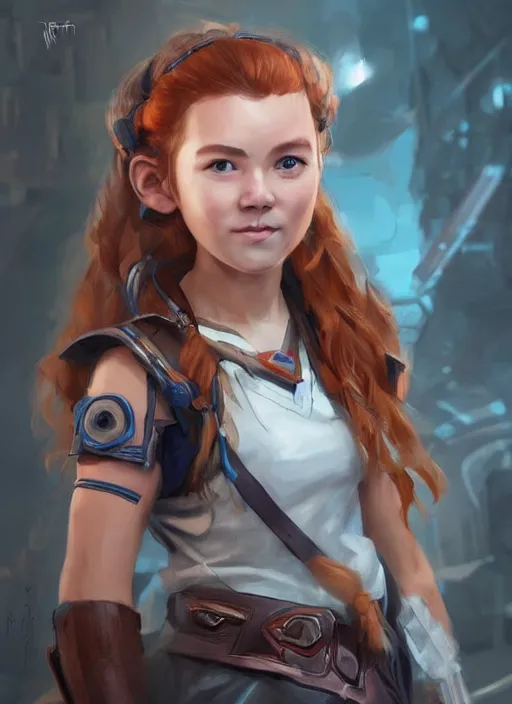 Image similar to a portrait digital painting of a young girl that looks a bit like aloy from horizon : new dawn. she's wearing a mechanics uniform and has been working on some large machinery. factory background, heavy machines. electronics. concept art. trending on artstation. painted by artgerm, ross tran.