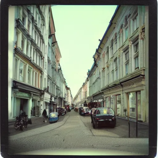 Prompt: low angle wideshot of Helsinki street, breathtaking polaroid photo,