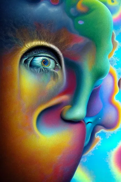 Image similar to hyperrealistic abstract close-up Renaissance psychedelic!! celestial happy! pure creature!! peaceful! kind spirit of nature! beautiful fractal!! eyes! highly detailed concept art eric zener elson peter cinematic hard rainbow lighting high angle hd 8k sharp shallow depth of field endless, inspired by Zdzisław Beksiński Salvador Dali