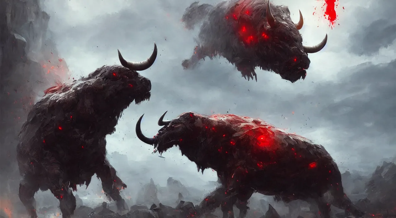 Image similar to giant angry bull with red eyes, steam breath, mysterious, epic concept art, epic painting, artstation, realistic, by greg rutkowski