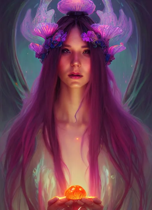 Image similar to stunningly beautiful female neon hair, fantasy art, fae priestess, mushroom forest landscape, dark light night, sharp focus, digital painting, 4 k, concept art, art by wlop, artgerm, greg rutkowski and alphonse mucha