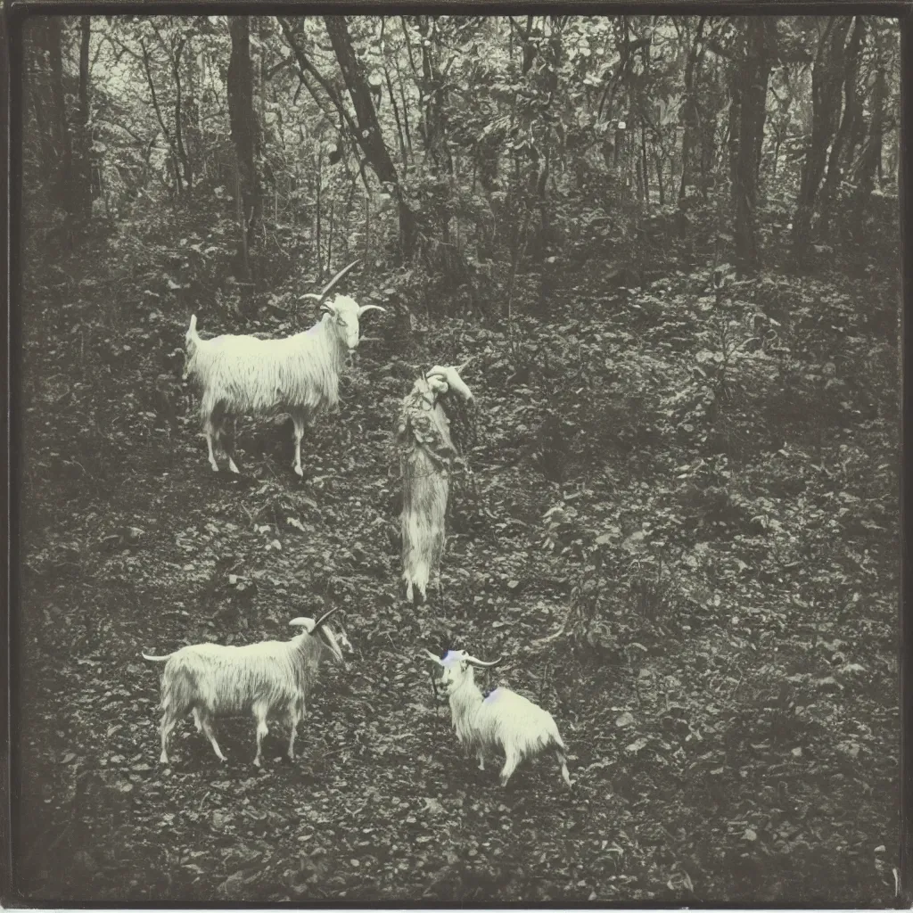 Image similar to polaroid vintage of a human goat in the forest, occult,