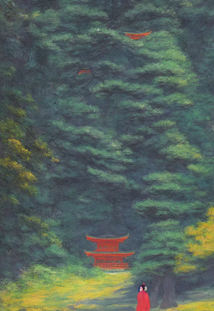 Image similar to a japanese temple in the mountain. gorgeous nature. yokai walking around, lofi, vivid colors, amazing light, by jeremy lipkin, by claude monet, heavily inspired by makoto shinkai, kandinsky touches, inspired by ghibli, masterpiece, multiple brush strokes, impressionist style, high contrast