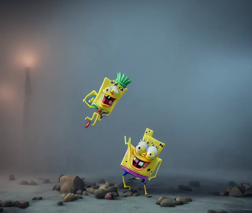 Prompt: SpongeBob, gloomy and foggy atmosphere, octane render, artstation trending, horror scene, highly detailded