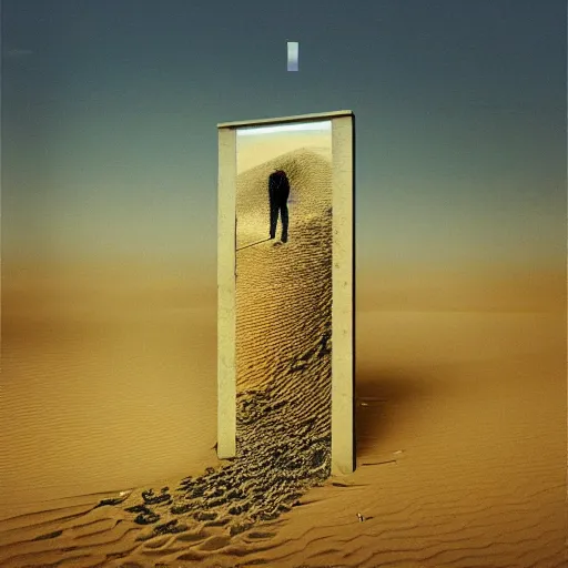 Prompt: tall boxes falling out of space side - by - side, pixel sorting, objects levitating, person walking thru sand, zdzislaw beksinski