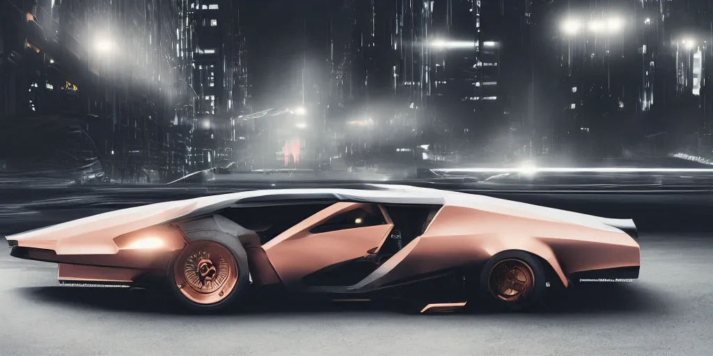 Image similar to a design of a futuristic DMC Delorian, designed by Polestar, blade runner background, front and back view, rose copper car paint with white line accent detailing, black windows, sportscar, dark show room, dramatic lighting, hyper realistic render, depth of field