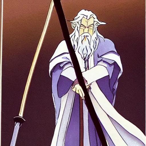 Image similar to gandalf from the anime lord of the rings (1986), holding a wooden staff, studio ghibli, very detailed, realistic