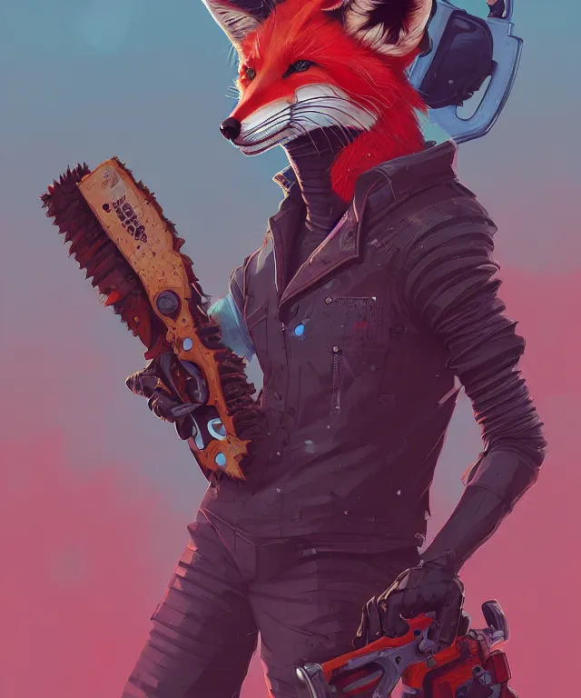 Image similar to a portrait of an anthropomorphic cyberpunk fox holding a chainsaw, fantasy, elegant, digital painting, artstation, concept art, matte, sharp focus, illustration, art by josan gonzalez