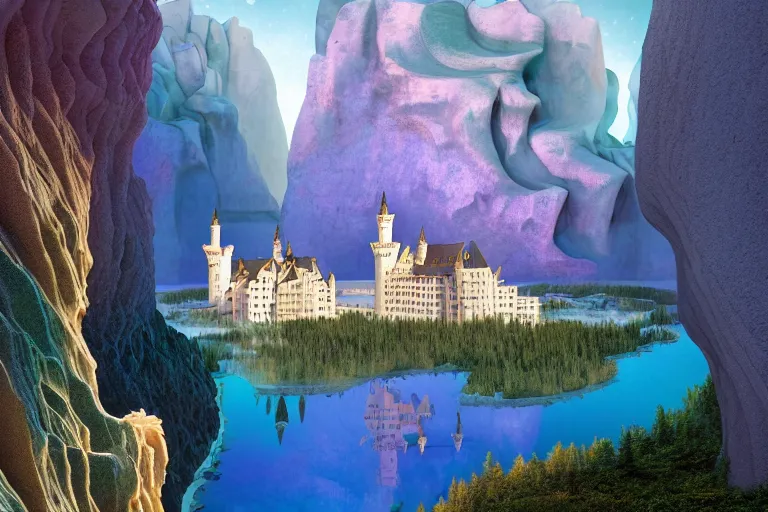 Image similar to neuschwanstein castle on pamukkale thermal waters flowing down gold travertine terraces in royal blue antelope canyon during sakura season on an interstellar aurora borealis with heavy thunder and lightning, pink waterfalls, by peter mohrbacher, james jean, james gilleard, greg rutkowski, vincent di fate, rule of thirds, octane render, beautiful landscape