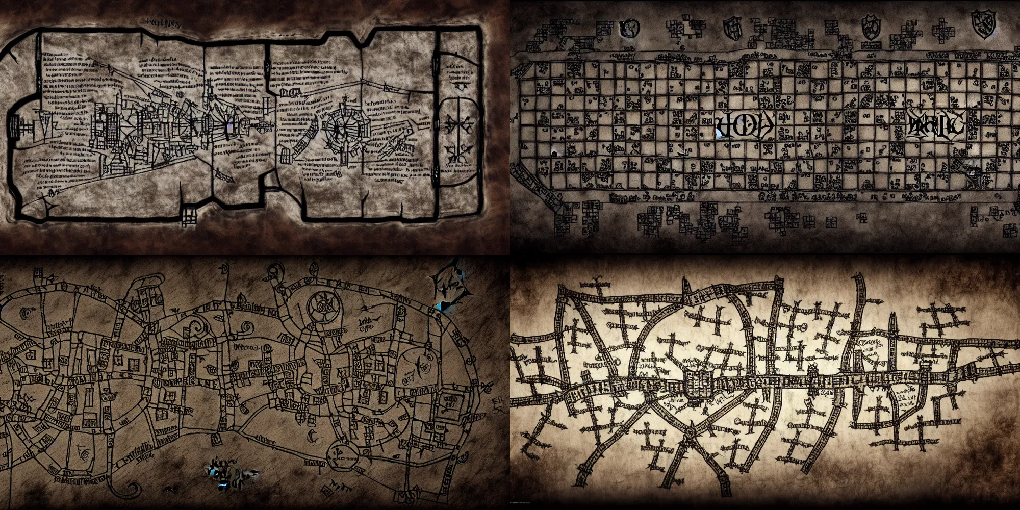 Prompt: marauders map, large rooms and halls, with small footprints symbols, mischief managed, hogwarts from harry potter, ink cartography on realistic ripped leather, octane render, 8 k