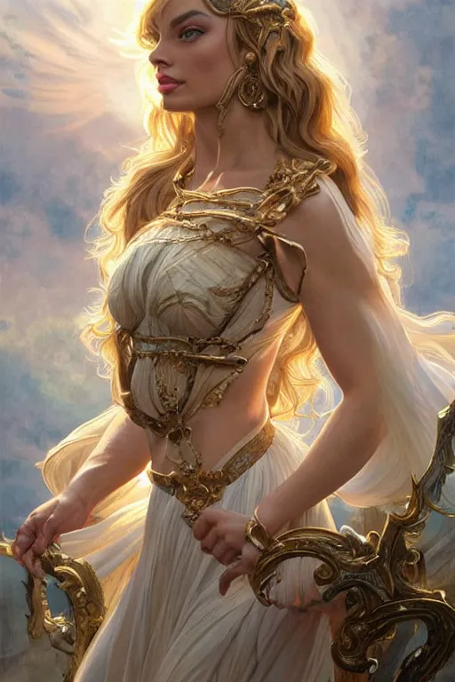 Image similar to ultra realistic illustration, a stunningly beautiful greek goddess of chaos played by margot robbie and taylor swift and megan fox, intricate, elegant, highly detailed, digital painting, artstation, concept art, smooth, sharp focus, illustration, art by artgerm and greg rutkowski and alphonse mucha