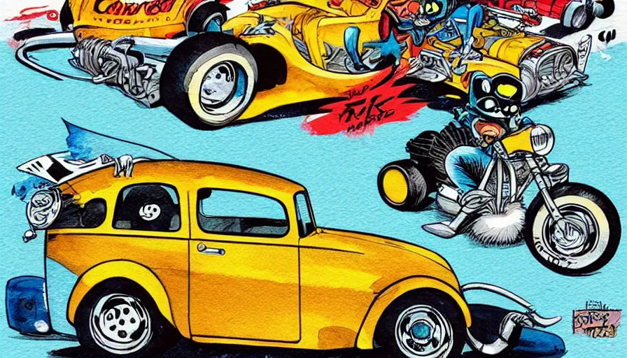 Image similar to funny, comic book style, racoon riding in a tiny hot rod coupe with oversized engine, ratfink style by ed roth, centered award winning watercolor pen illustration, by chihiro iwasaki, edited by range murata