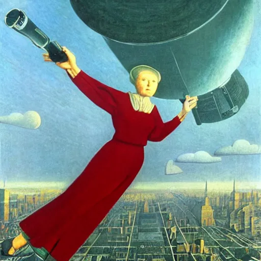 Prompt: super granny flies above new york city with her vacuum cleaner orwellian themes konstantin vasilyev grant wood jan van eyck john steuart curry