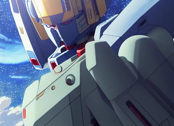 Prompt: a film still portrait of a planterary sized gundam, bokeh, finely detailed features, perfect art, over looking saturn,, trending on pixiv fanbox, painted by yusuke murata greg rutkowski makoto shinkai takashi takeuchi studio ghibli, akihiko yoshida