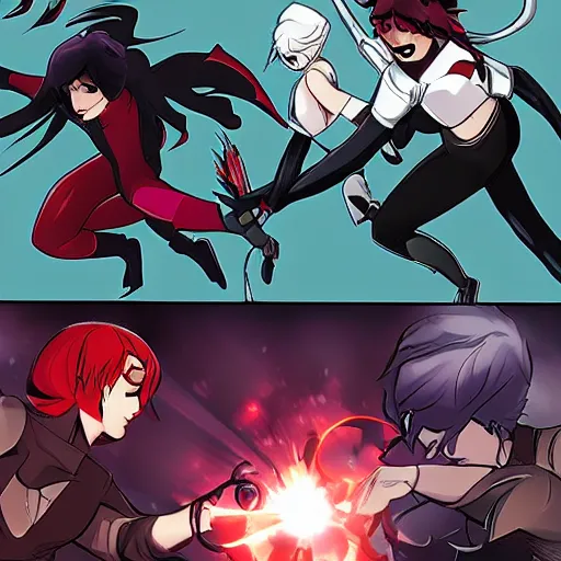 Prompt: Team RWBY fight scene, comic book art