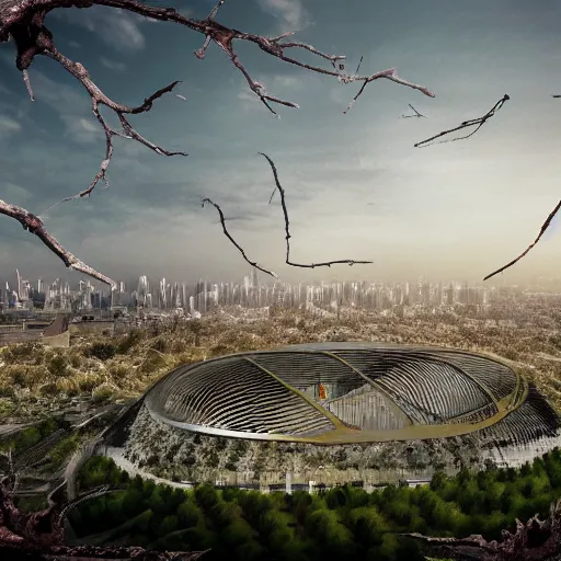 Image similar to Bird's Nest stadium, Beijing, post-apocalyptic, trees, plains, meteor falling, distant view, late evening, digital artwork