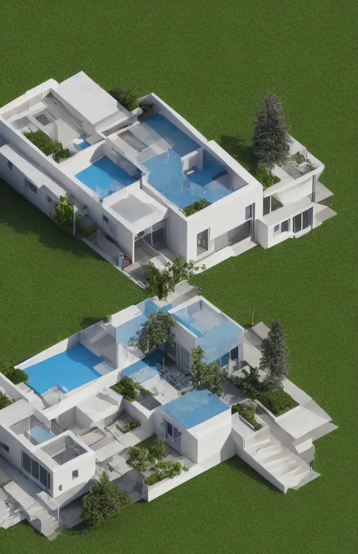 Image similar to architectural model, isometric view, 3 d render, low contrast, single building, three bedrooms house, on a slope, big windows, garage, pool, big tree