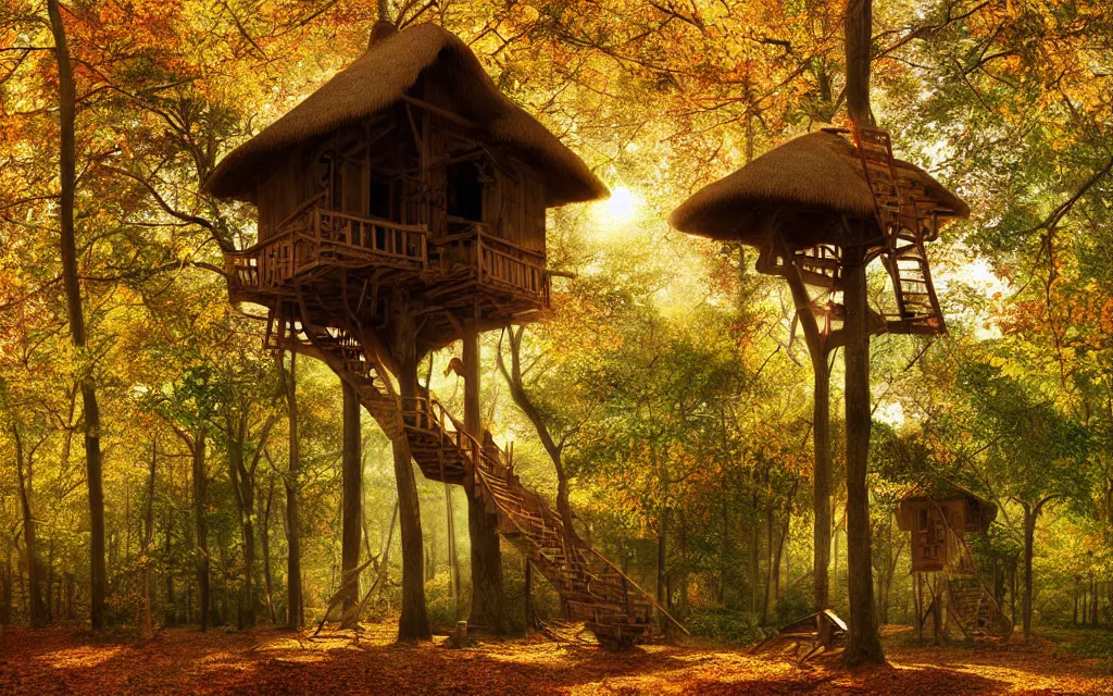 Prompt: a group of tree houses with wooden ladders and thatched roofs, nestled in a forest, golden hour, autumn leaves, realistic high quality art digital art
