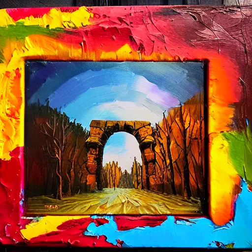 Prompt: colorful andreas rocha impasto!! acrylic painting of the gateway of a forgotten civilization