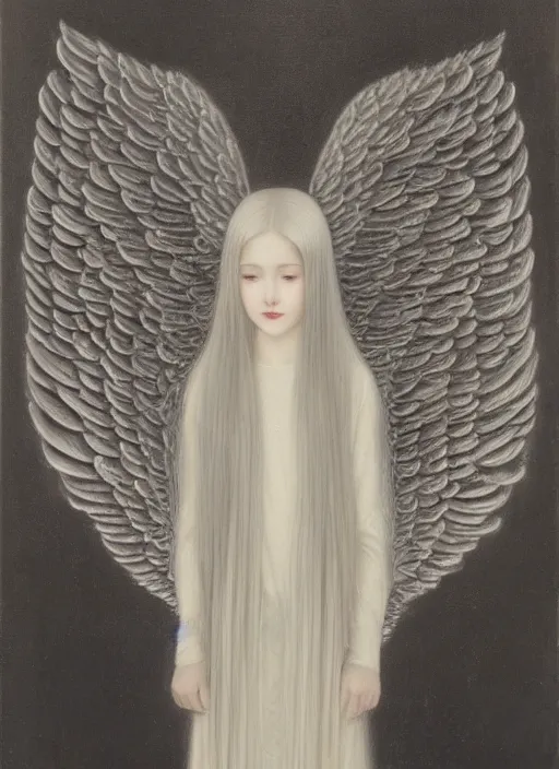 Image similar to tall thin young wan beautiful angel, silver hair so long, pale!, long silver hair, silver angel wings, wan adorable korean face, silver hair!!, style of fernand khnopff and lucien levy - dhurmer, oil on canvas, 1 8 6 2, 4 k resolution, aesthetic!,