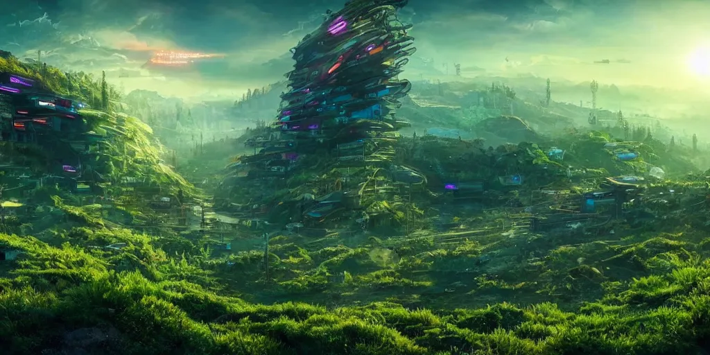 Image similar to a cinematic composition depicting : a computer run degrading cyberpunk world, on top of the mountain a mysterious translucid crystal neural network being is using its transformative energy to transition to a hopeful to lush green foresty solarpunk civilization in the valley at dawn