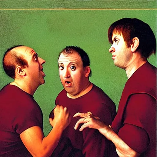 Image similar to matt stone and trey parker as the three stooges in a caravaggio painting