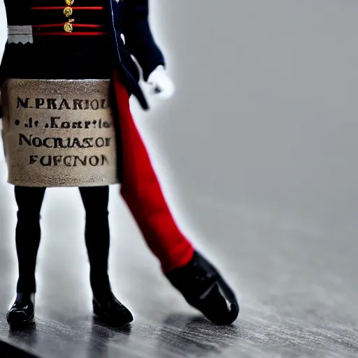 Image similar to closeup portrait of a tiny emmanuel macron dressed as napoleon standing on a desk, paris background, macro photo, bokeh, natural light, sharp, detailed face, magazine, press, steve mccurry, david lazar, canon, nikon, focus