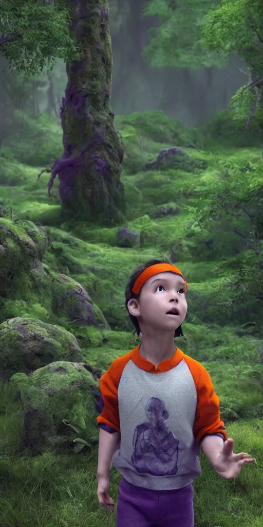 Prompt: little boy with a headband and purple hair, wearing an orange and white striped outfit, surrounded by a green forrest, moody , lovecraft, giger, ridley scott, zack snyder, Fenghua Zhong, realistic cinematic lighting, establishing action shot, ultra detailed, hyper realism, photo, octane render