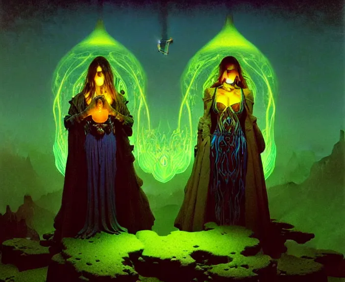 Image similar to the female arcanist and the male artificer by albert bierstadt and gerald brom and zdzisław beksinski and james gilleard, highly detailed, hyperrealistic, intricate, floating metallic objects, blue flames, low light, glowing green crystals