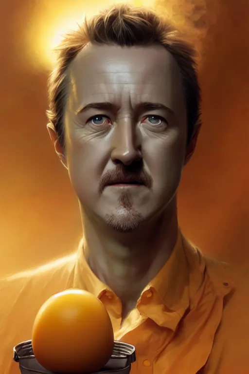 Image similar to edward norton face is a frying egg, yolk face, big frying pan, hyper detailed, digital art, artstation, cinematic lighting, studio quality, smooth render, by peter mohrbacher, hajime sorayama, wayne barlowe, boris vallejo, aaron horkey, gaston bussiere, craig mullins