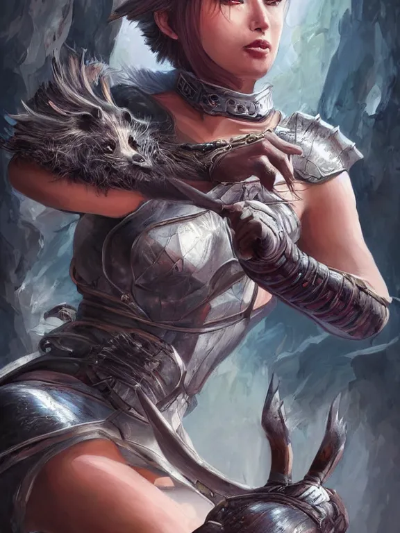 Image similar to a beautiful hyper realistic detailed epic concept art showing a noble knight women with her fist up and her spirit of the great raccoon gradian above her, by artgerm, charlie bowater and harumi hironaka, in the style of dragon age, featured on artstation
