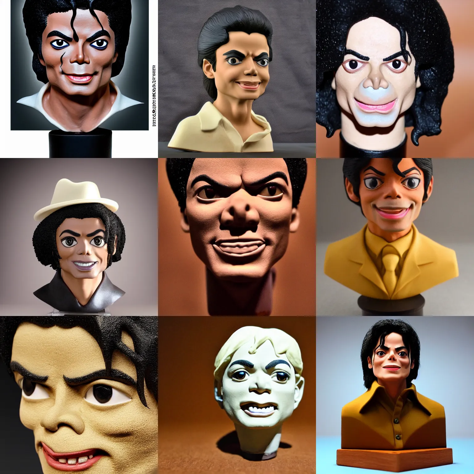 Prompt: michael jackson!!! clay! extremely close smooth shiny extremely specular sculpted headshot of michael jackson , soft light, fog , on wooden table. style: claymation puppet kids clay , by guldies